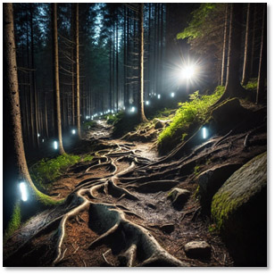 Stig i skogen med reflexer på trädstammarna. AI-genererad bild.